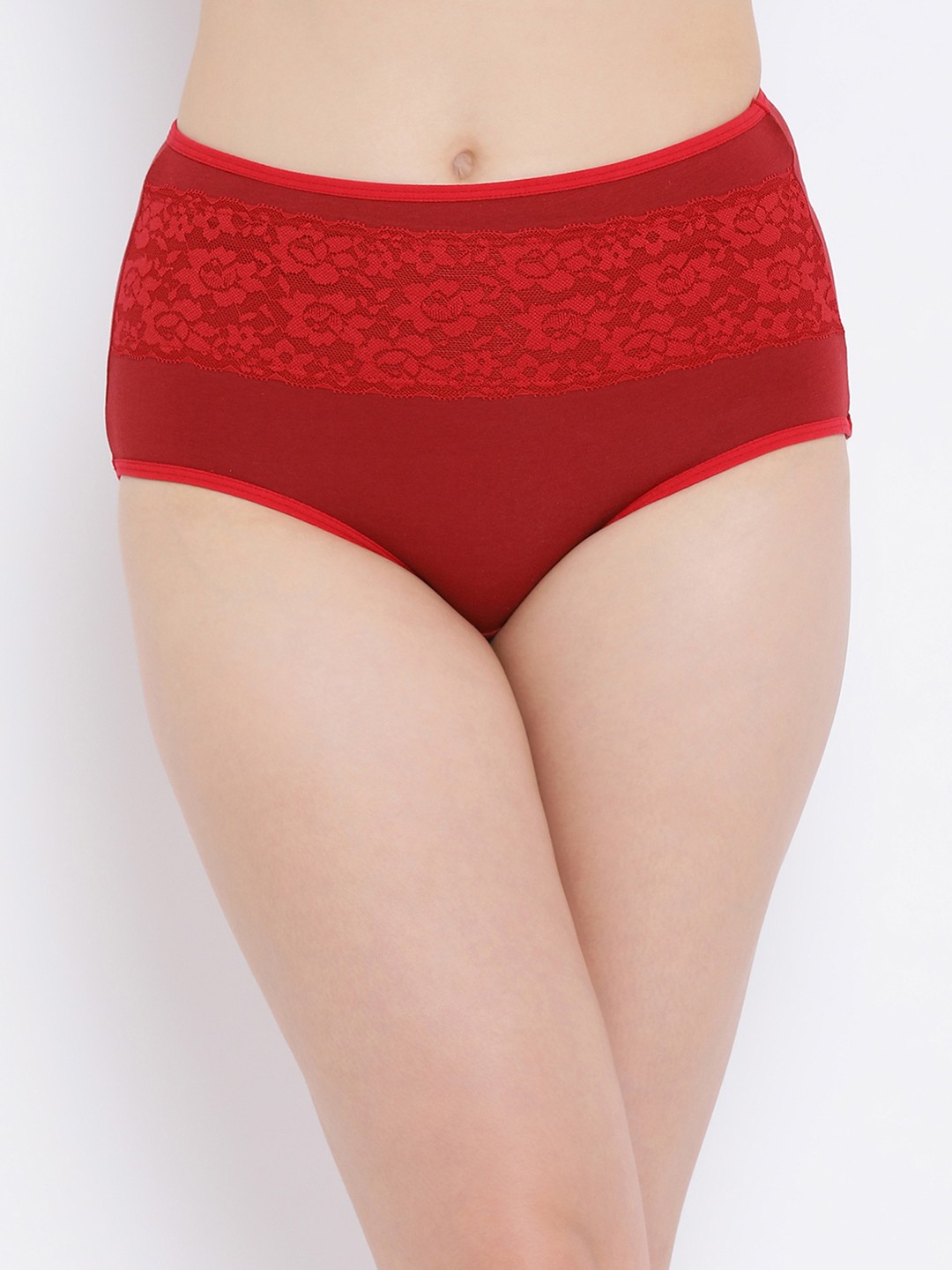 

Clovia Women Red High Waist Solid Lace Insert Hipster Briefs PN3311P04