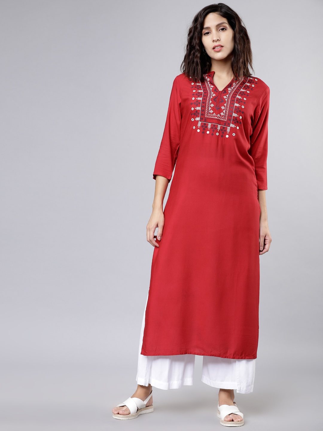 

Vishudh Women Red Yoke Design Straight Kurta