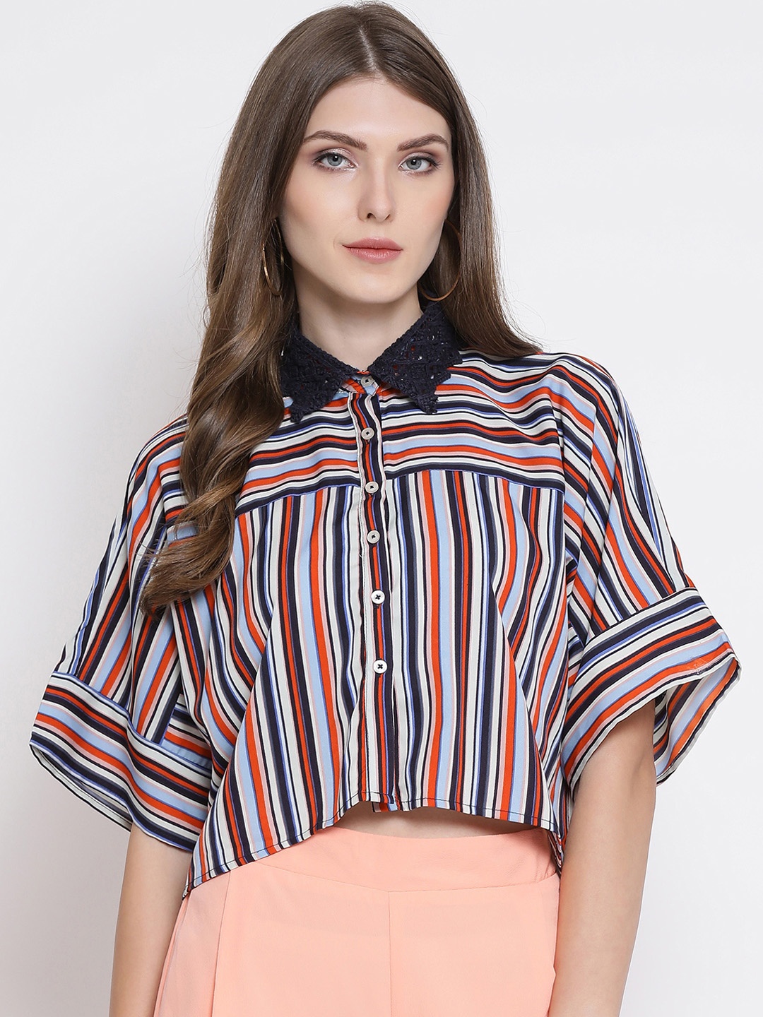 

Oxolloxo Women Multicoloured Regular Fit Striped Crop Casual Shirt, Multi