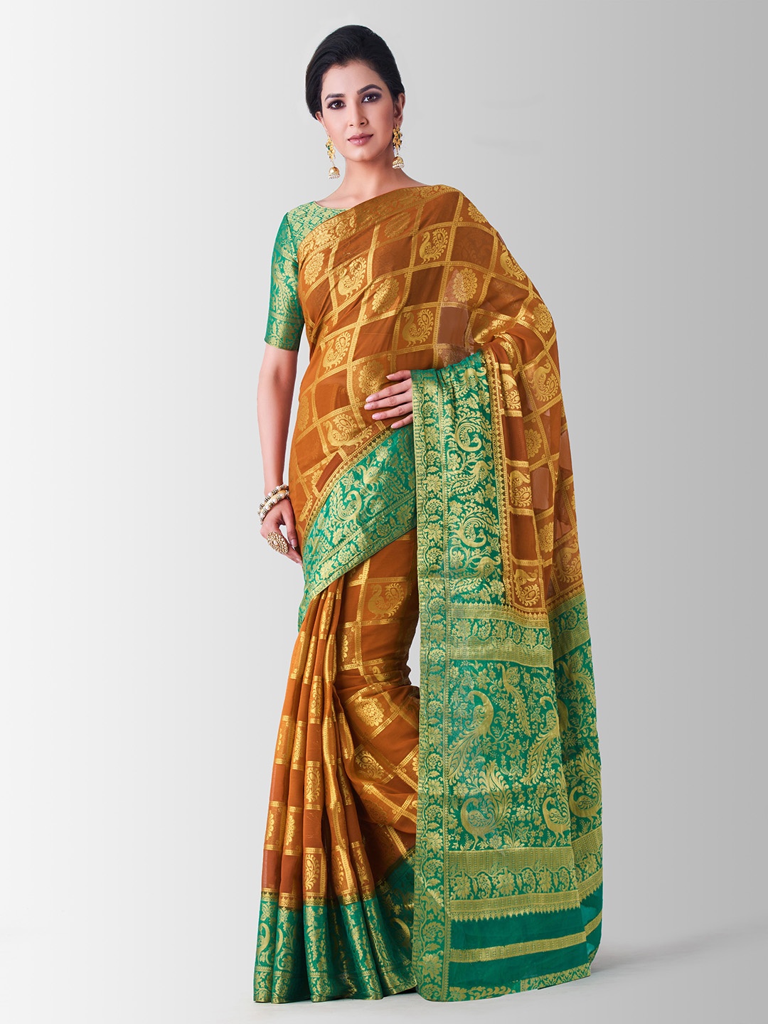 

MIMOSA Tan Brown & Green Poly Chiffon Woven Design Kanjeevaram Saree