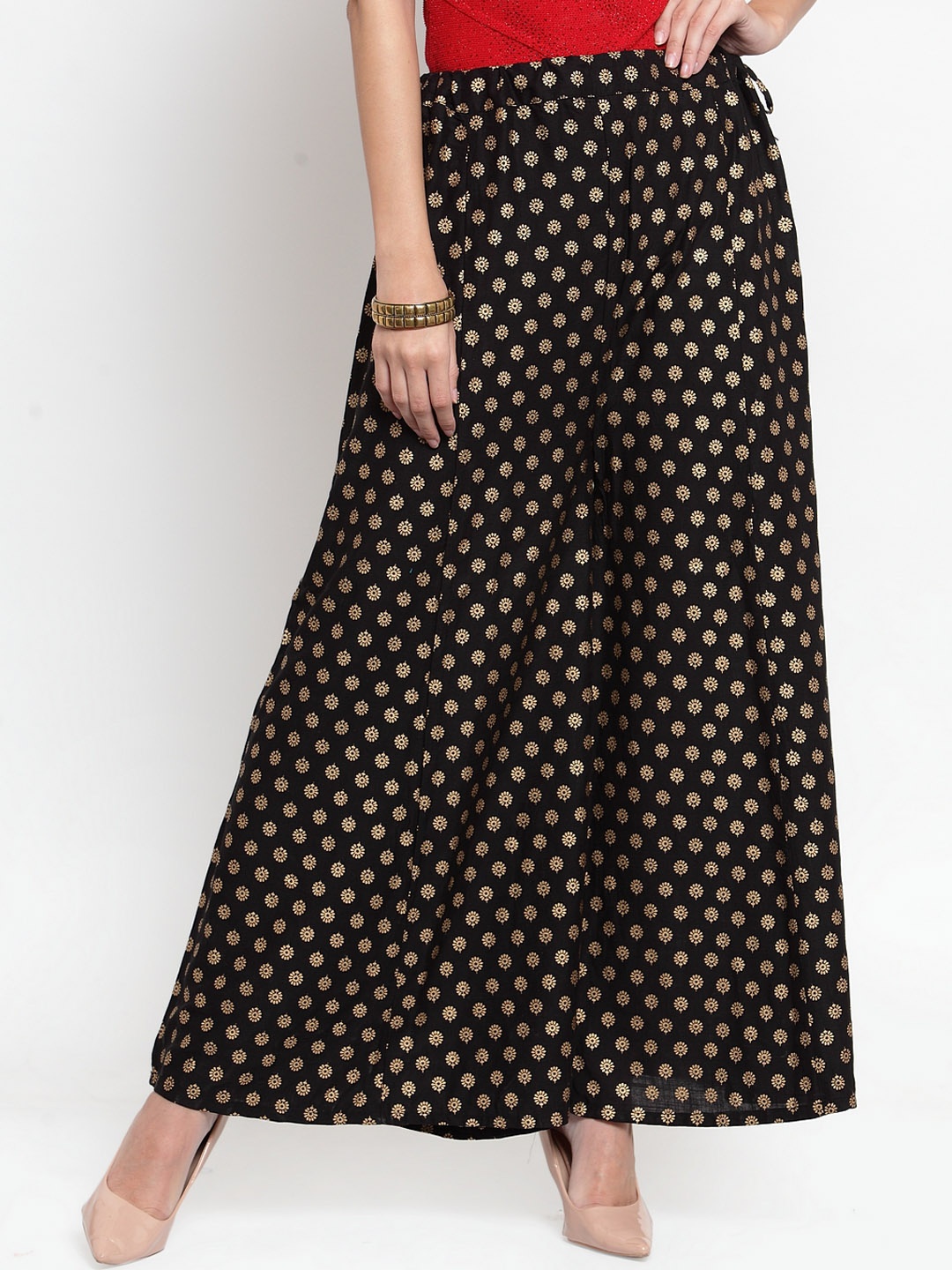 Clora Creation Women Black & Gold-Toned Printed Flared Palazzos
