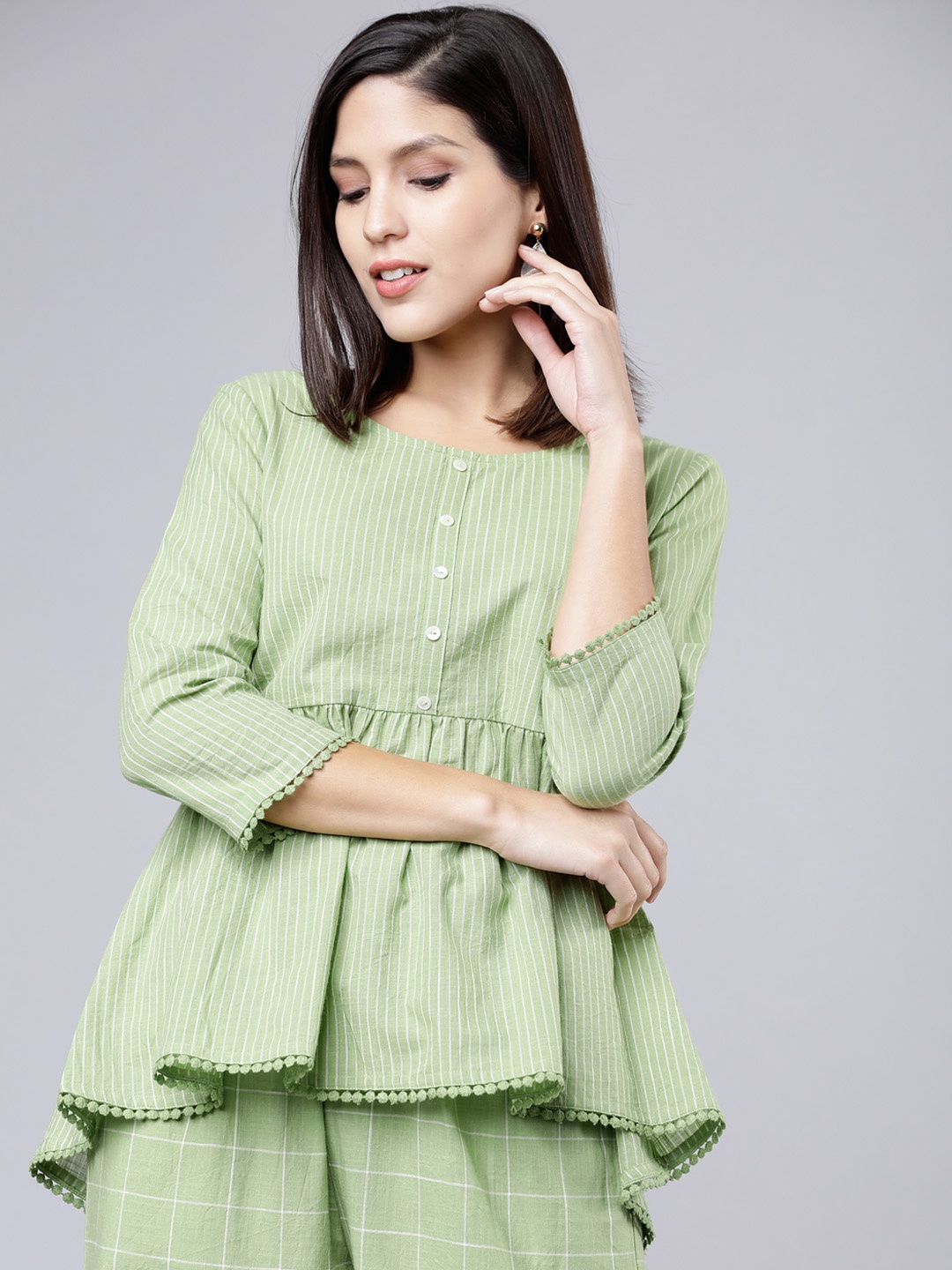 Vishudh Women Green Striped A-Line Pure Cotton Top