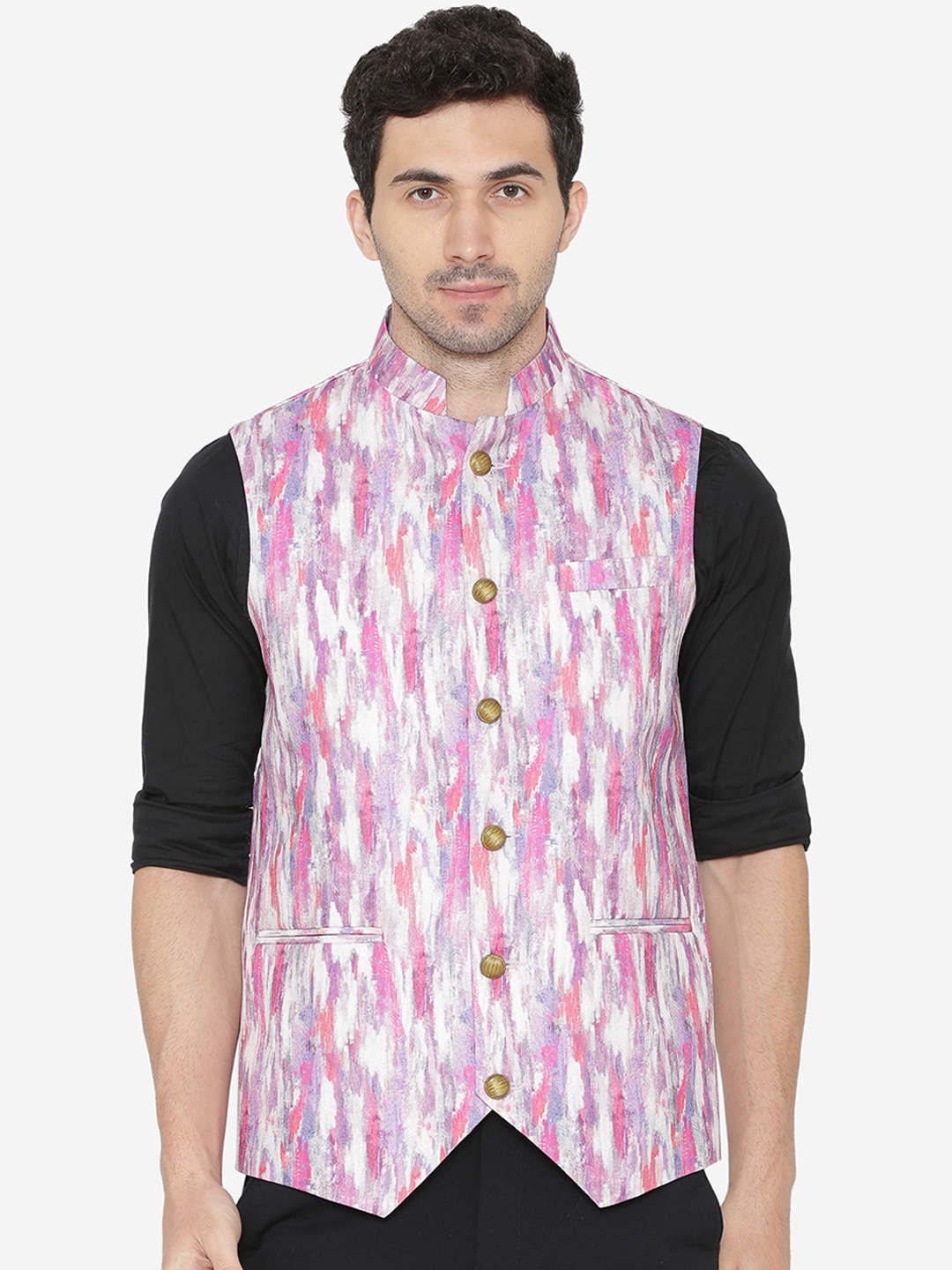 

Wintage Men Multicoloured Printed Woven Nehru Jacket, Pink