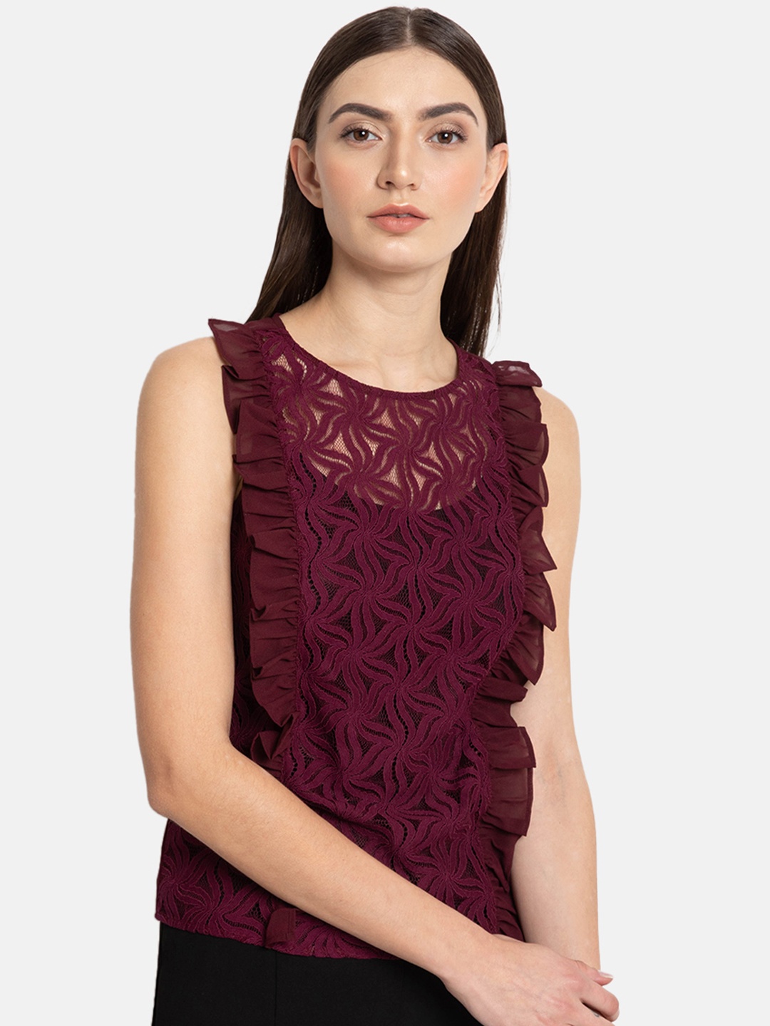 Kazo Women Maroon Self Design Top