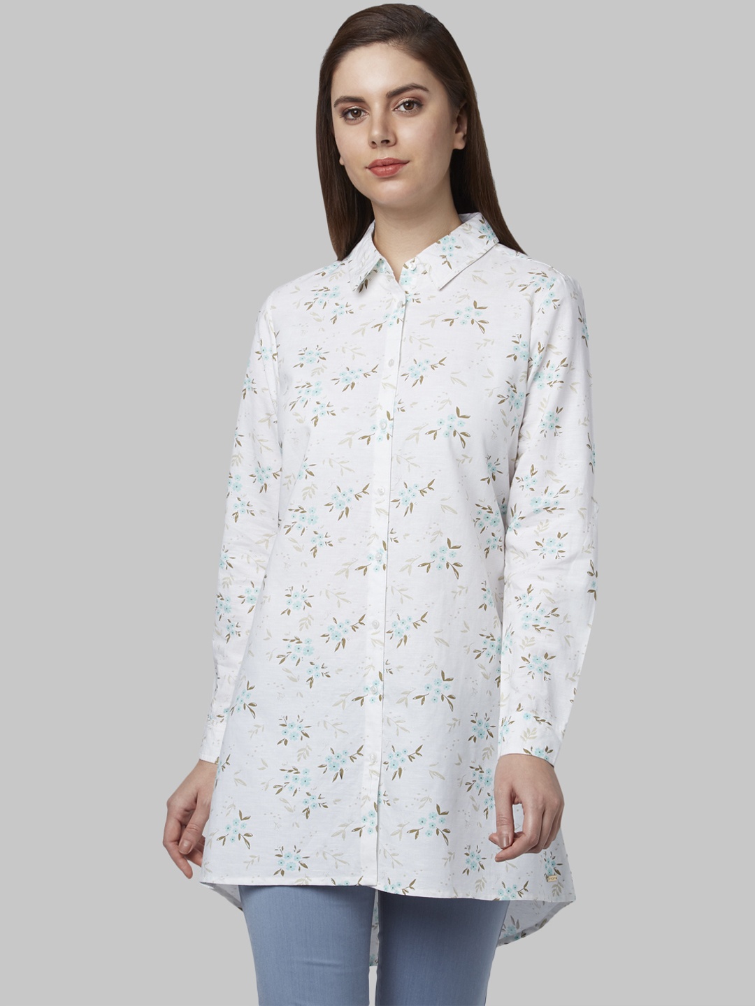 Park Avenue Woman White & Blue Regular Fit Printed Casual Shirt