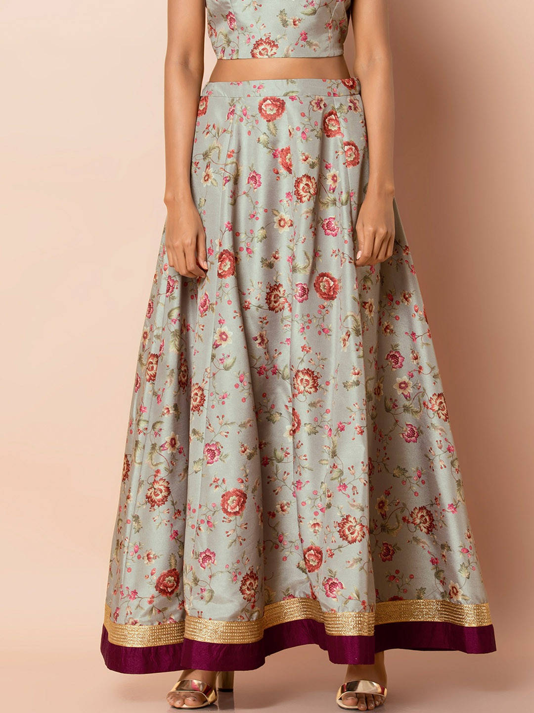 

INDYA Women Grey & Red Printed Flared Maxi Skirt