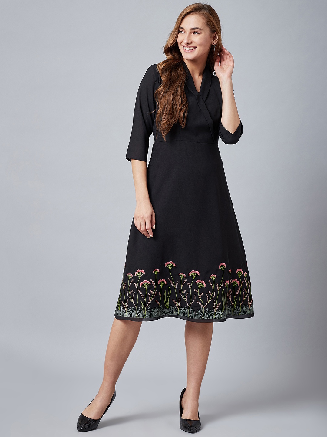

Athena Women Black Embroidered Wrap Dress