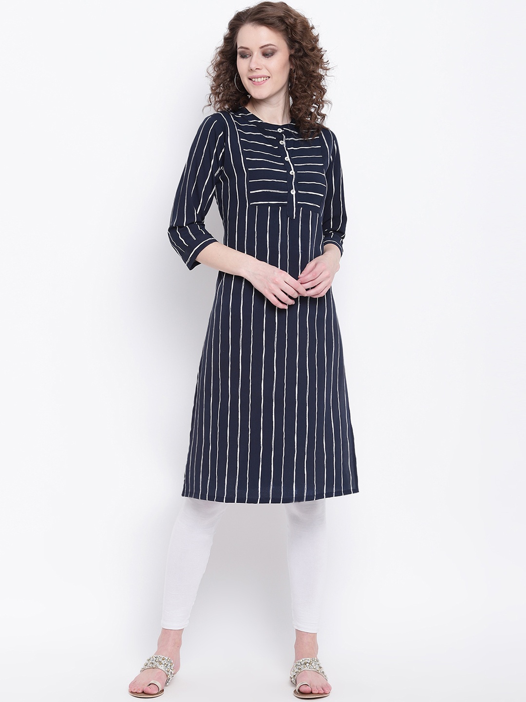 

Napra Women Navy Blue & White Striped Straight Kurta