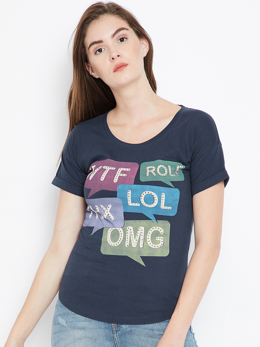 

PUNK Women Blue Printed Round Neck T-shirt