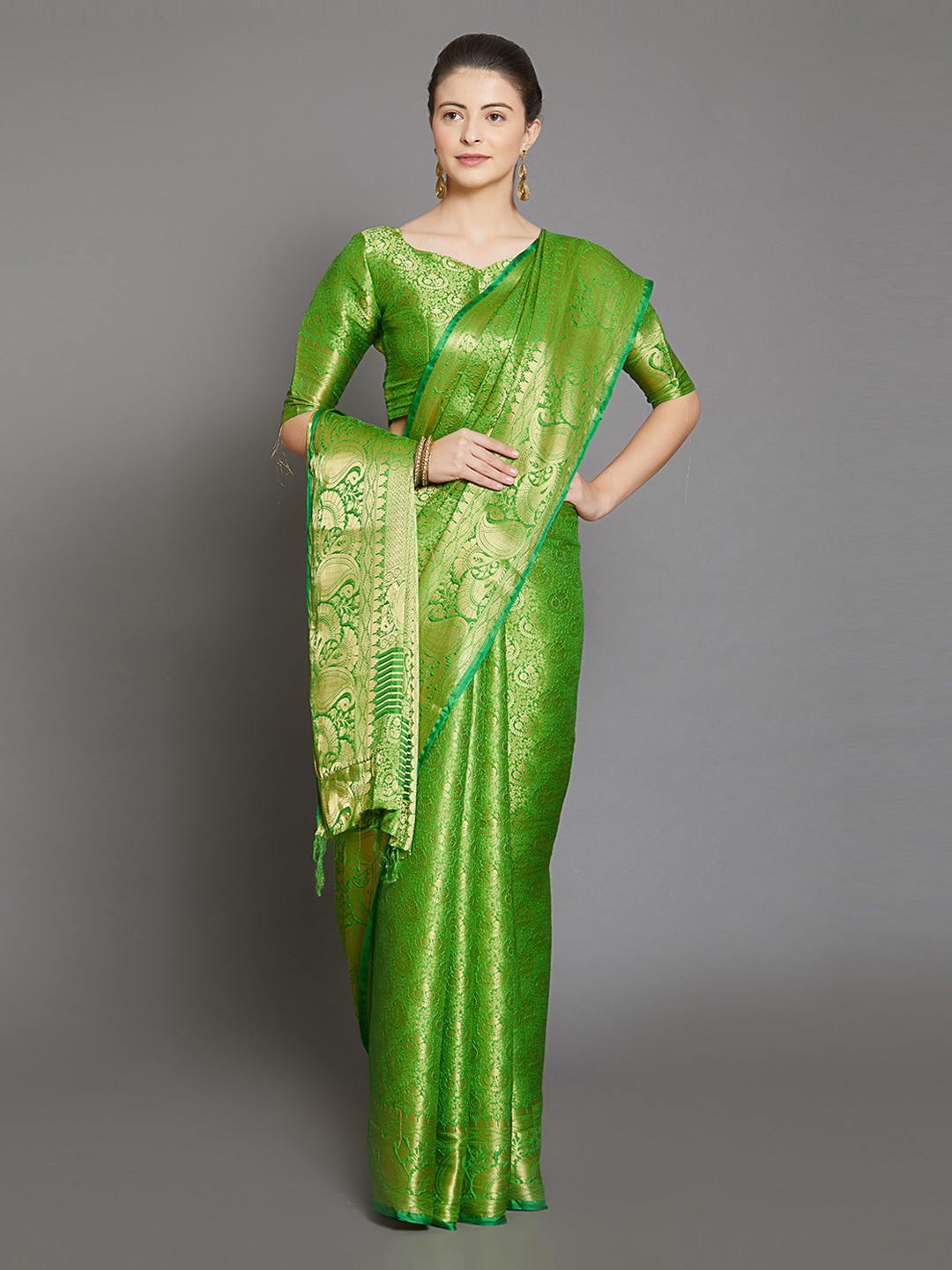 

Mitera Green Silk Blend Woven Design Banarasi Saree