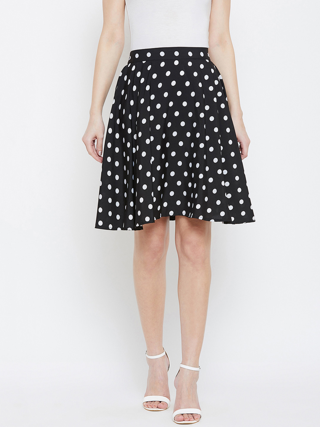 

Berrylush Black & White Polka-Dot Printed Flared Knee-Length Skirt