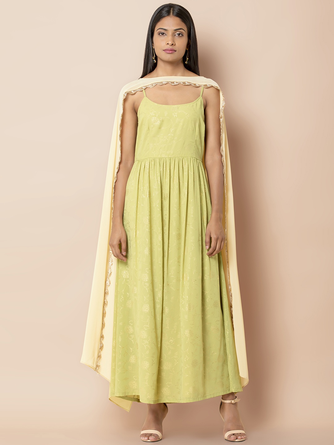 INDYA Women Green Printed Green Strappy Floral Layered Dress