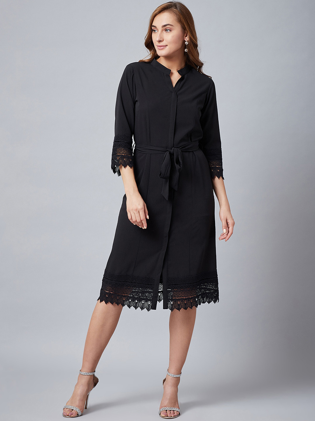 

Athena Women Black Solid Shirt Dress with Lace
