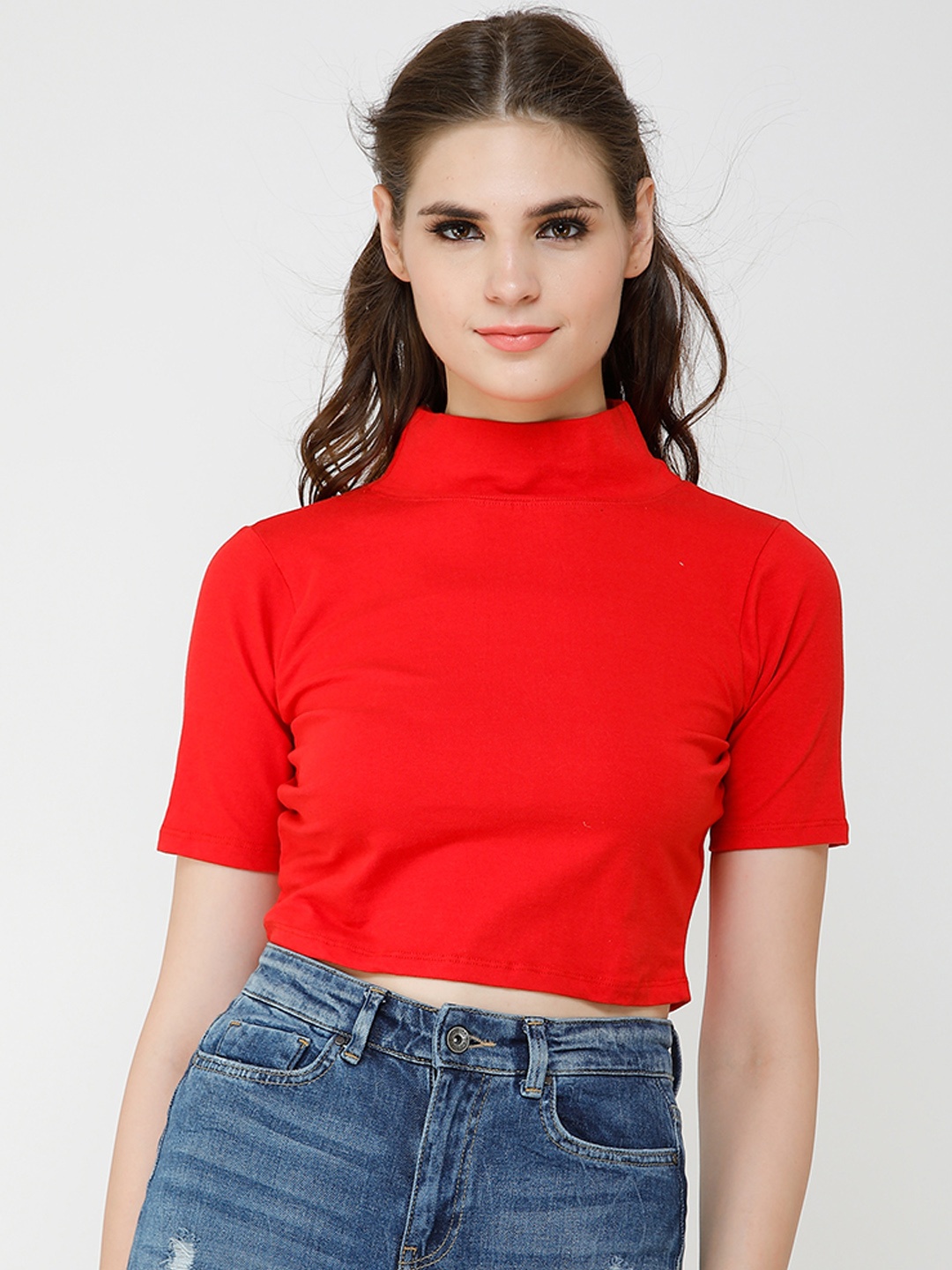 Cation Women Red Solid Pure Cotton Top
