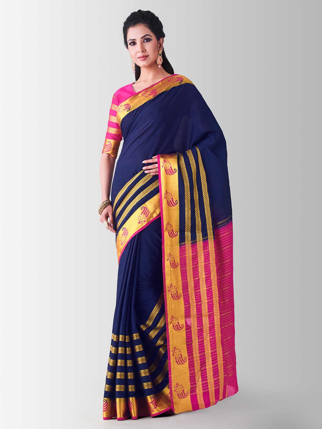 

MIMOSA Navy Blue Poly Crepe Solid Mysore Silk Saree