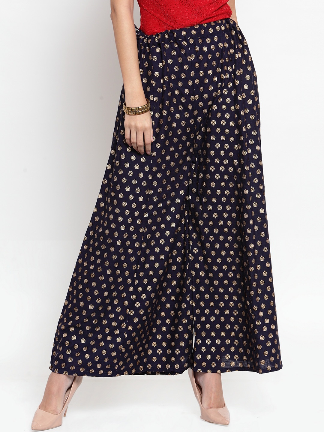 

Clora Creation Women Navy Blue Printed Flared Palazzos