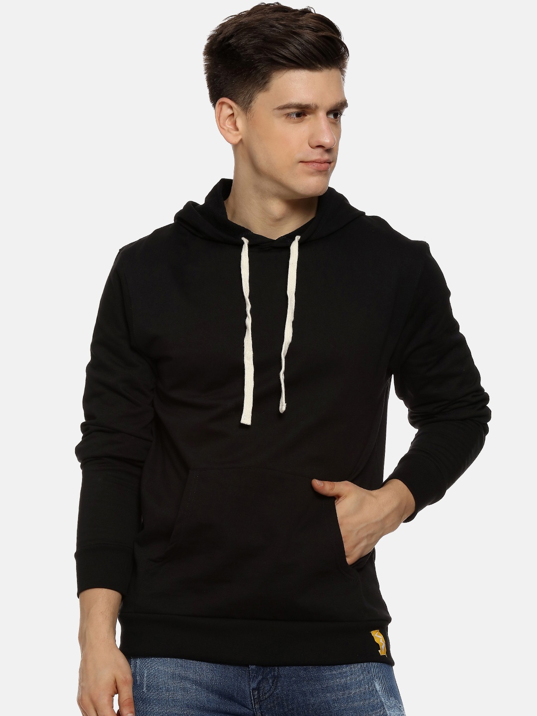 

Campus Sutra Men Black Solid Hooded Sweatshirt