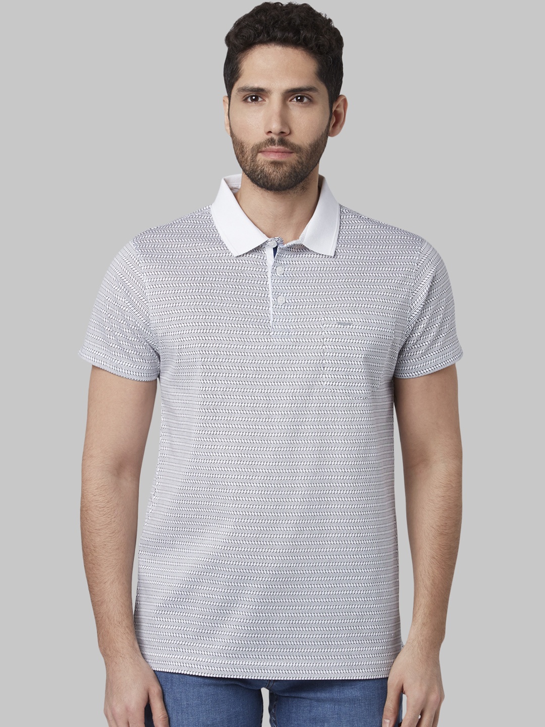 

Park Avenue Men White & Grey Printed Polo Collar T-shirt