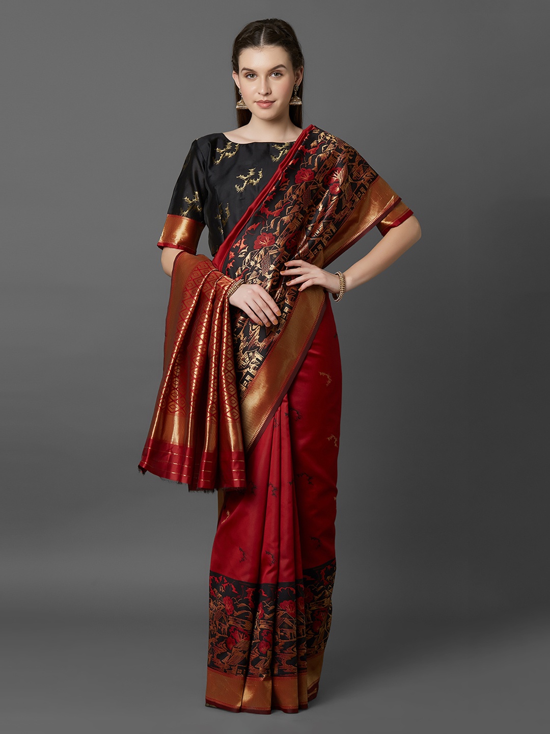 

Mitera Maroon & Black Silk Blend Printed Banarasi Saree