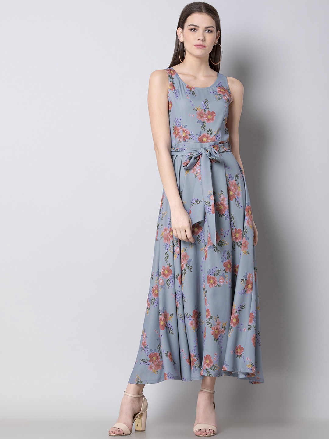 

FabAlley Women Blue & Orange Floral Print Fit and Flare Dress