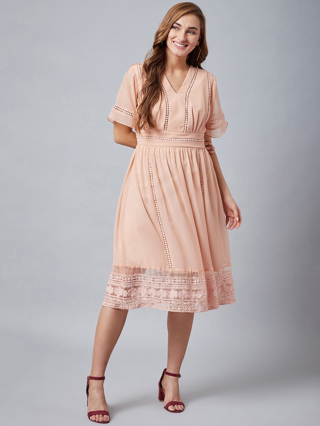 

Athena Women Nude-Coloured Lace Trim Fit and Flare Dress