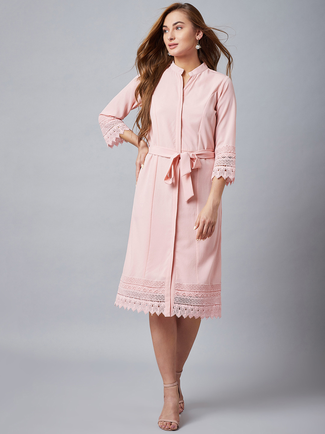 

Athena Women Pink Solid Lace Trim Shirt Dress
