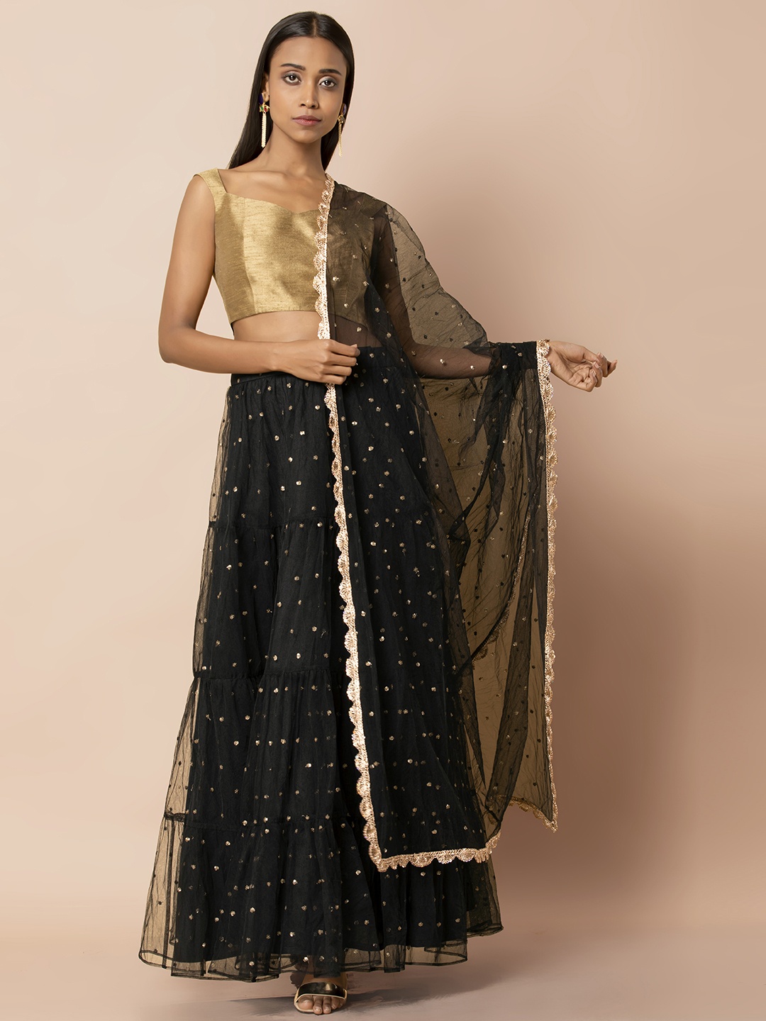 INDYA Women Black Embroidered Dupatta