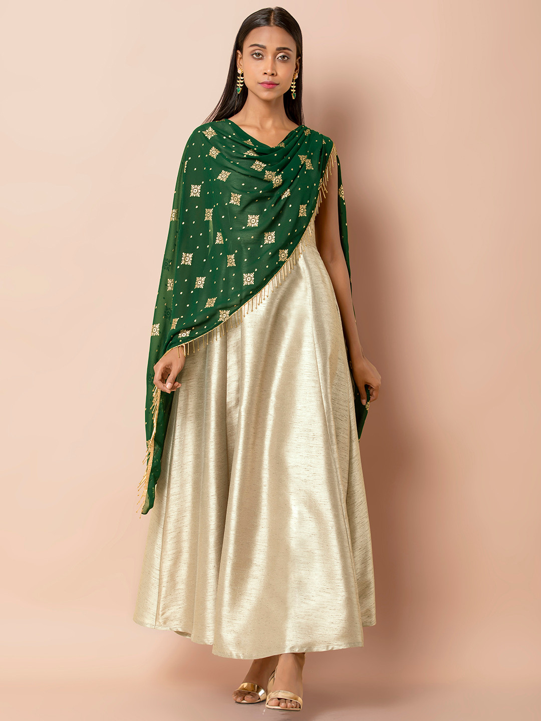 

INDYA Women Beige & Muted Gold-Toned Maxi Dress with Attached Green Foil Dupatta