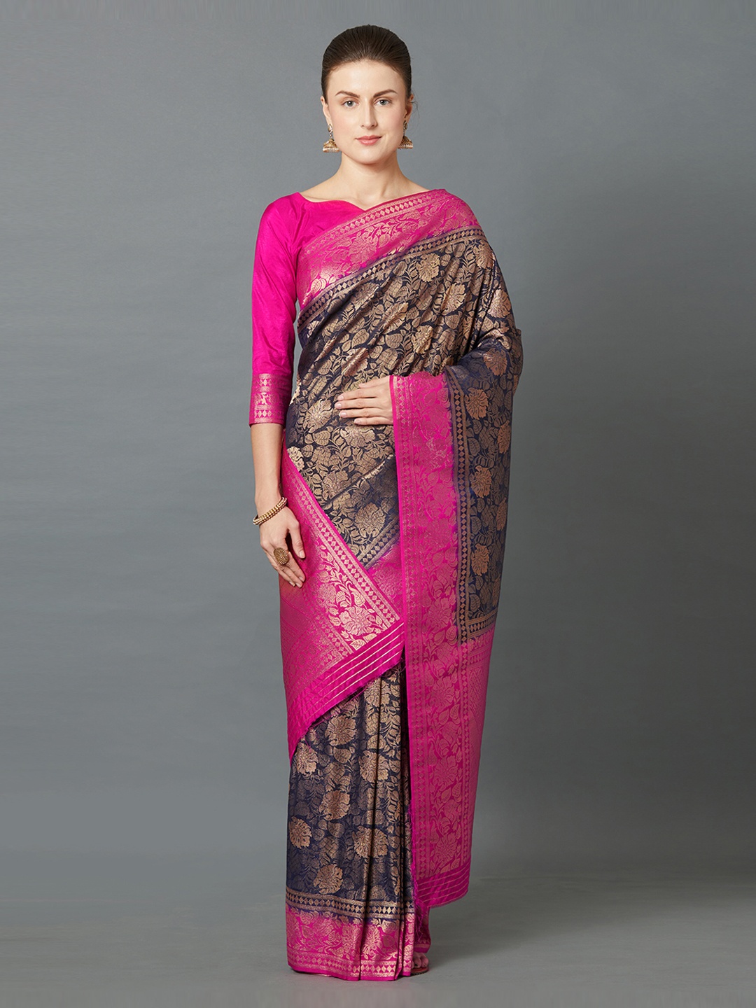 

Mitera Navy Blue & Pink Silk Blend Woven Design Banarasi Saree