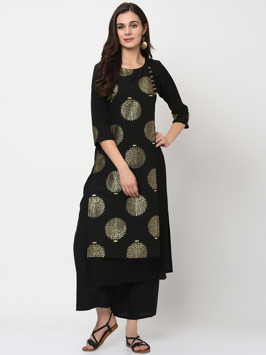 

ZIYAA Women Black & Gold-Toned Foil Printed Kurta with Palazzos
