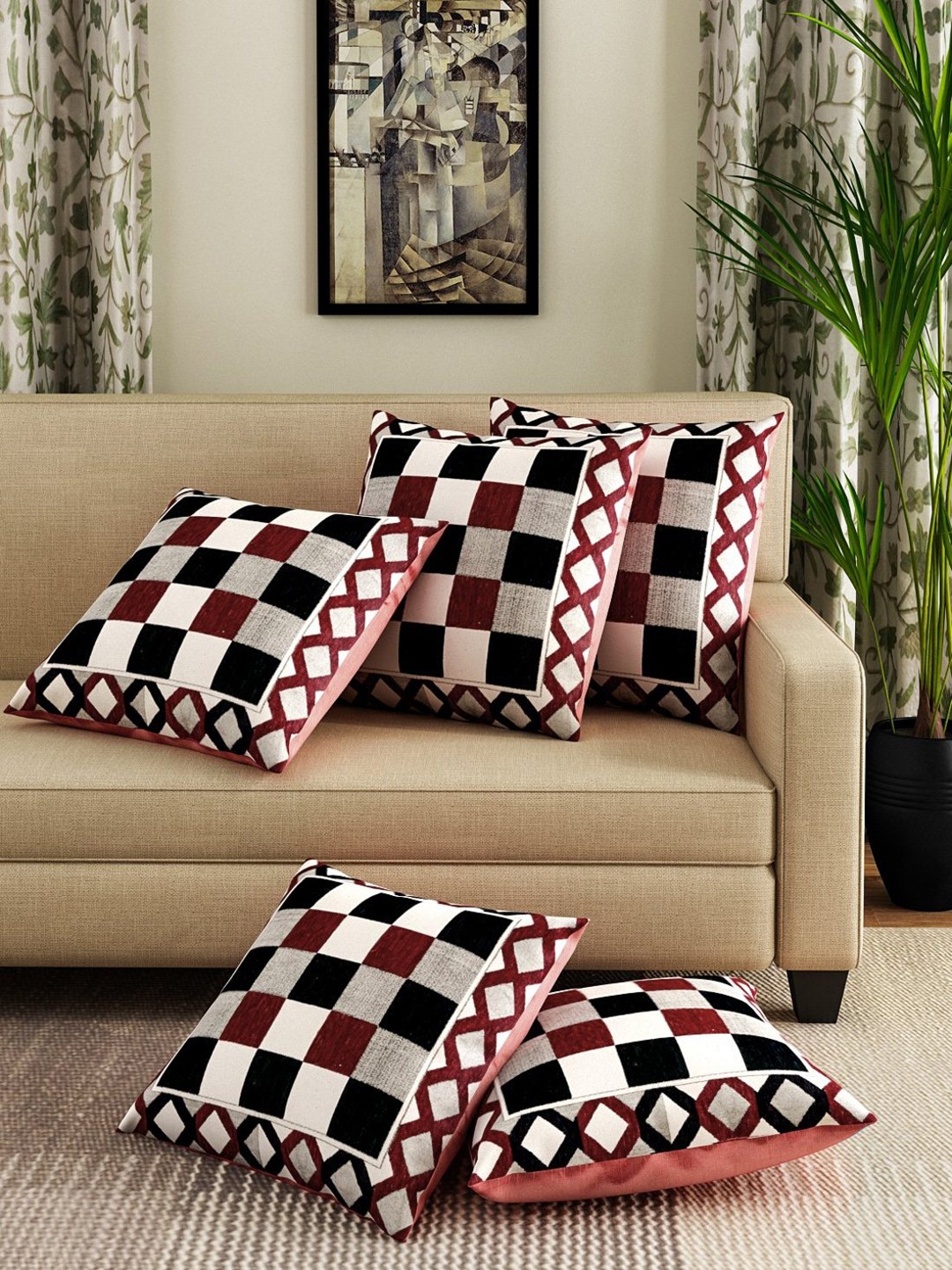 

ROMEE Maroon & White Set of 5 Checked Square Cushion Covers
