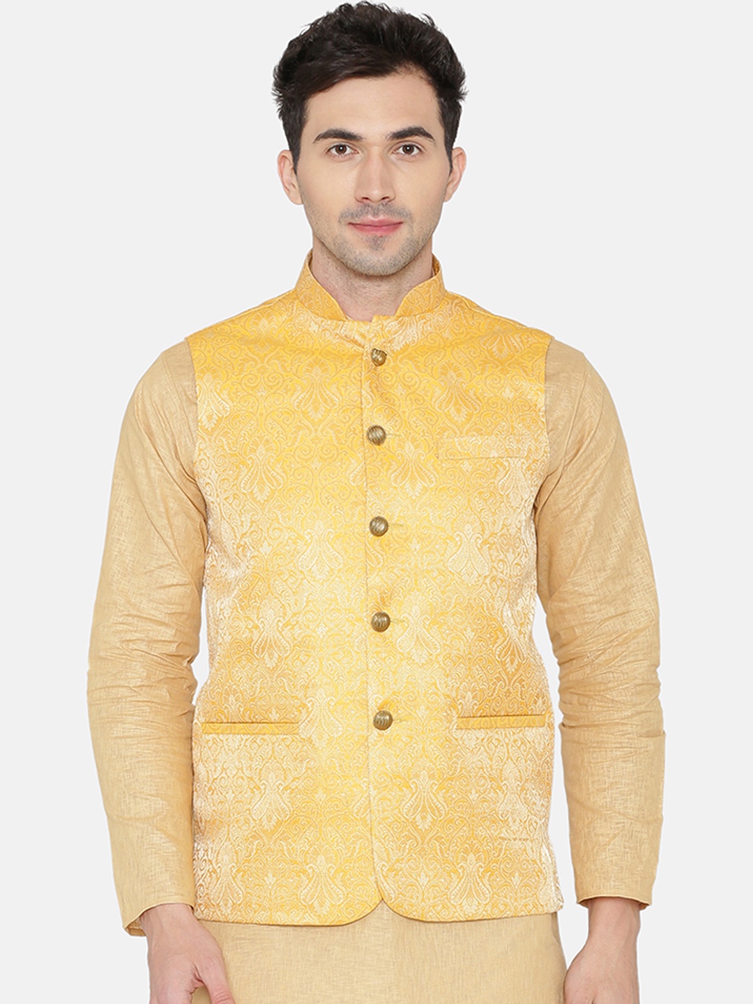 

Wintage Men Yellow Woven Design Nehru Jacket