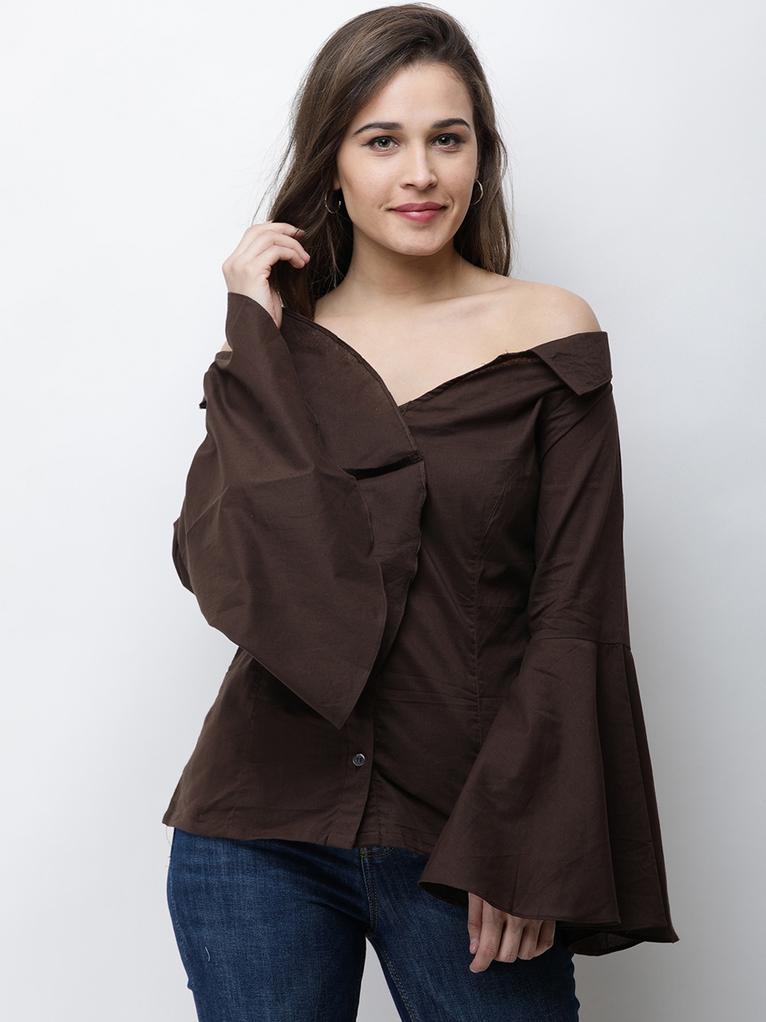 

Cation Off-Shoulder Bell Sleeve Cotton Shirt Style Top, Brown