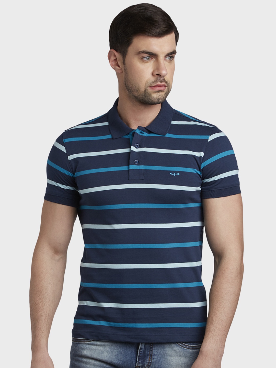 

ColorPlus Men Blue & White Striped Polo Collar T-shirt