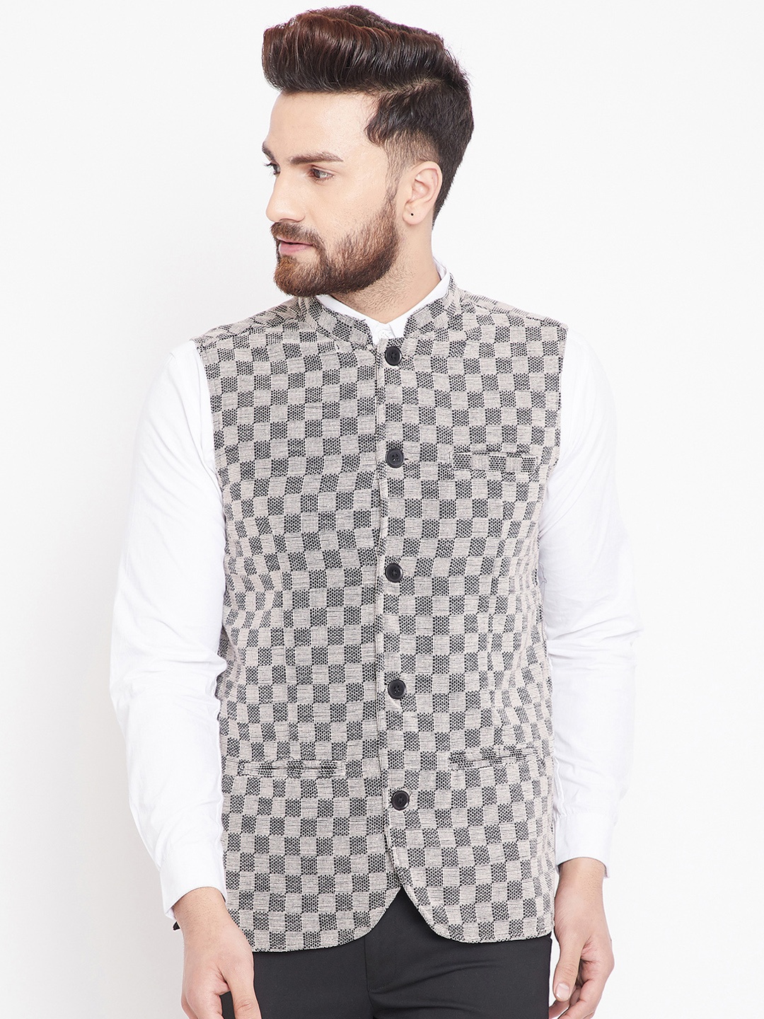 

even Men Beige & Black Checked Nehru Jacket