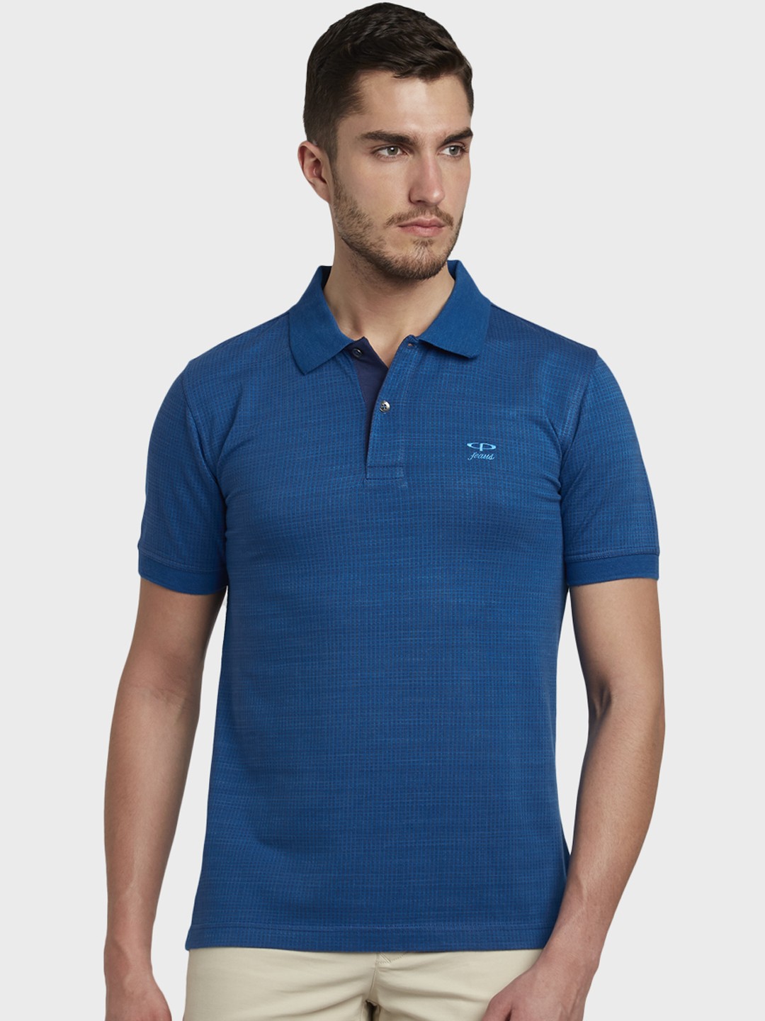 

ColorPlus Men Blue Self Design Polo Collar T-shirt