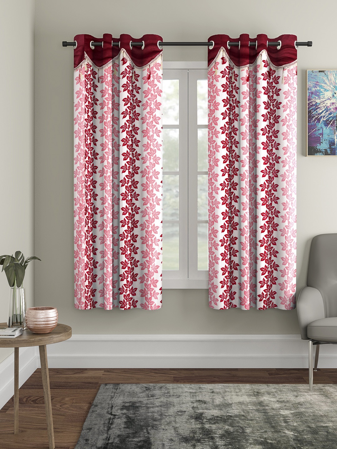 Cortina Maroon & White Set of 2 Fancy Valance Floral Printed Window Curtains