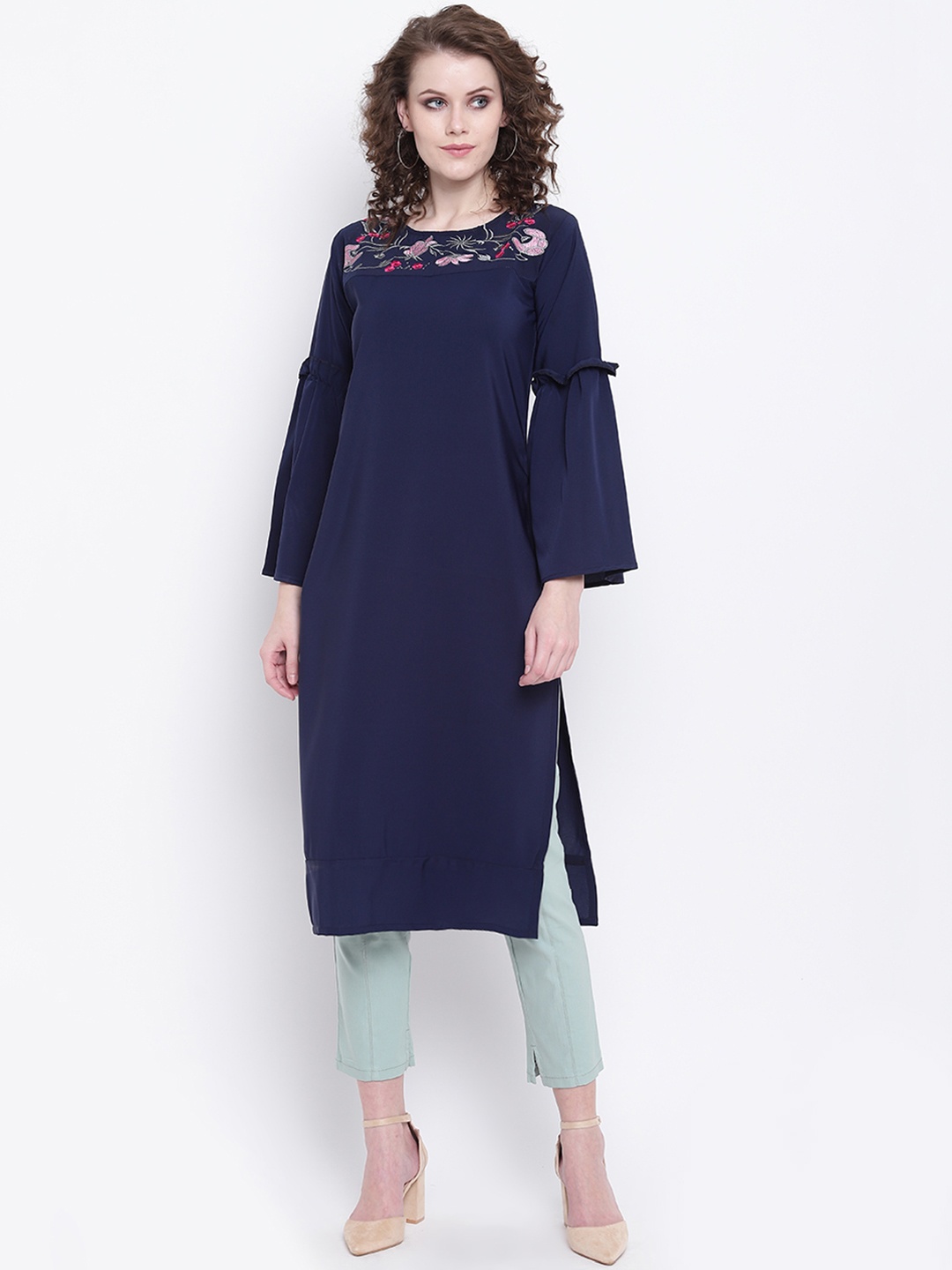 

Napra Women Navy Blue Embroidered Detail Straight Kurta
