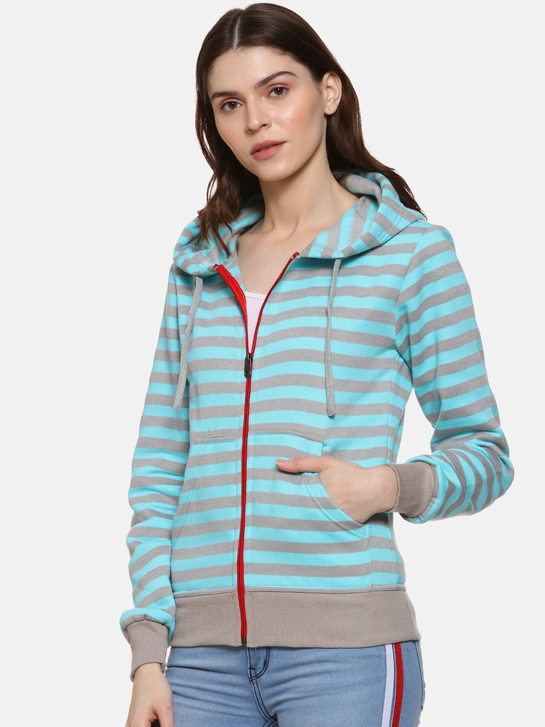 

Campus Sutra Women Grey & Blue Striped Hooded Sweatshirt