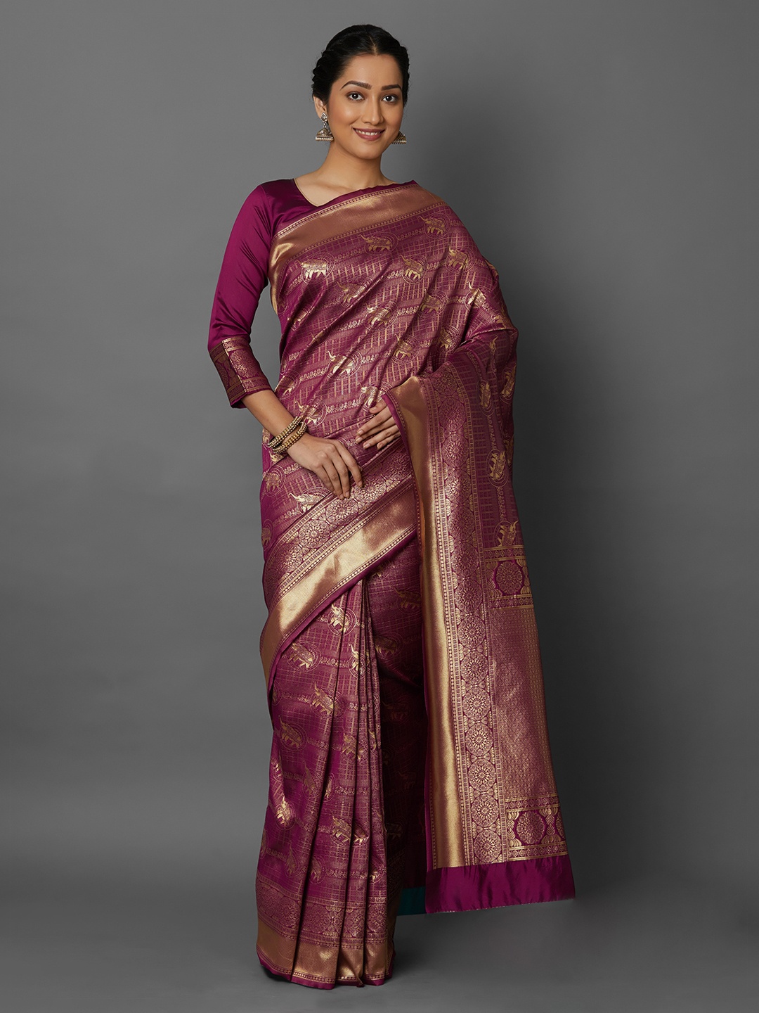 

Mitera Magenta & Gold-Cloured Silk Blend Woven Design Kanjeevaram Saree