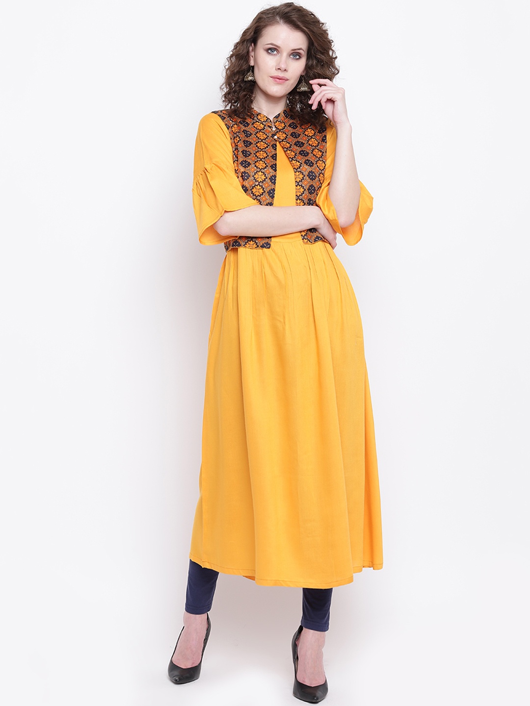 

Napra Women Mustard Yellow Solid A-Line Kurta with Jacket