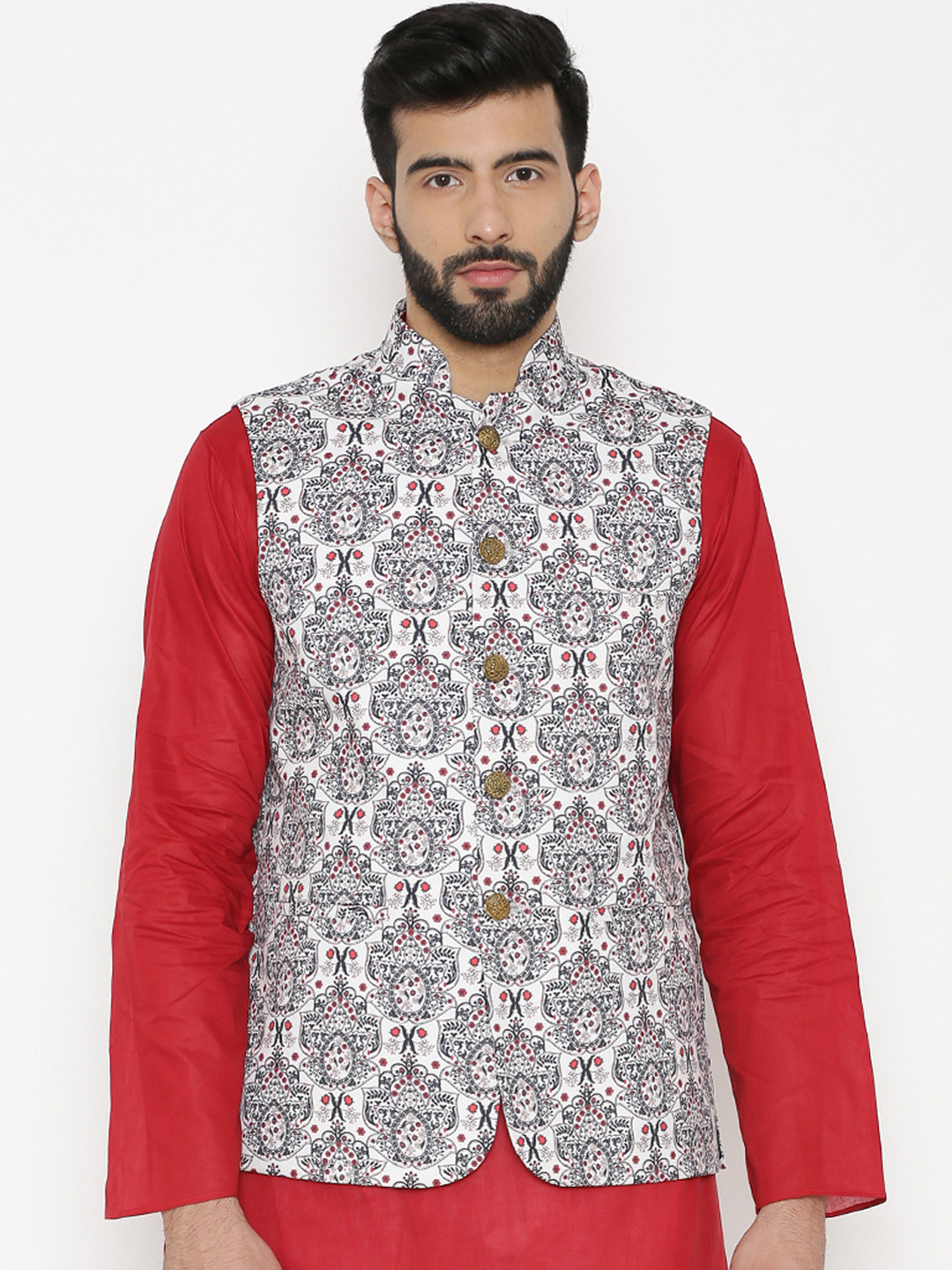 

Wintage Men White & Black Printed Woven Nehru Jacket