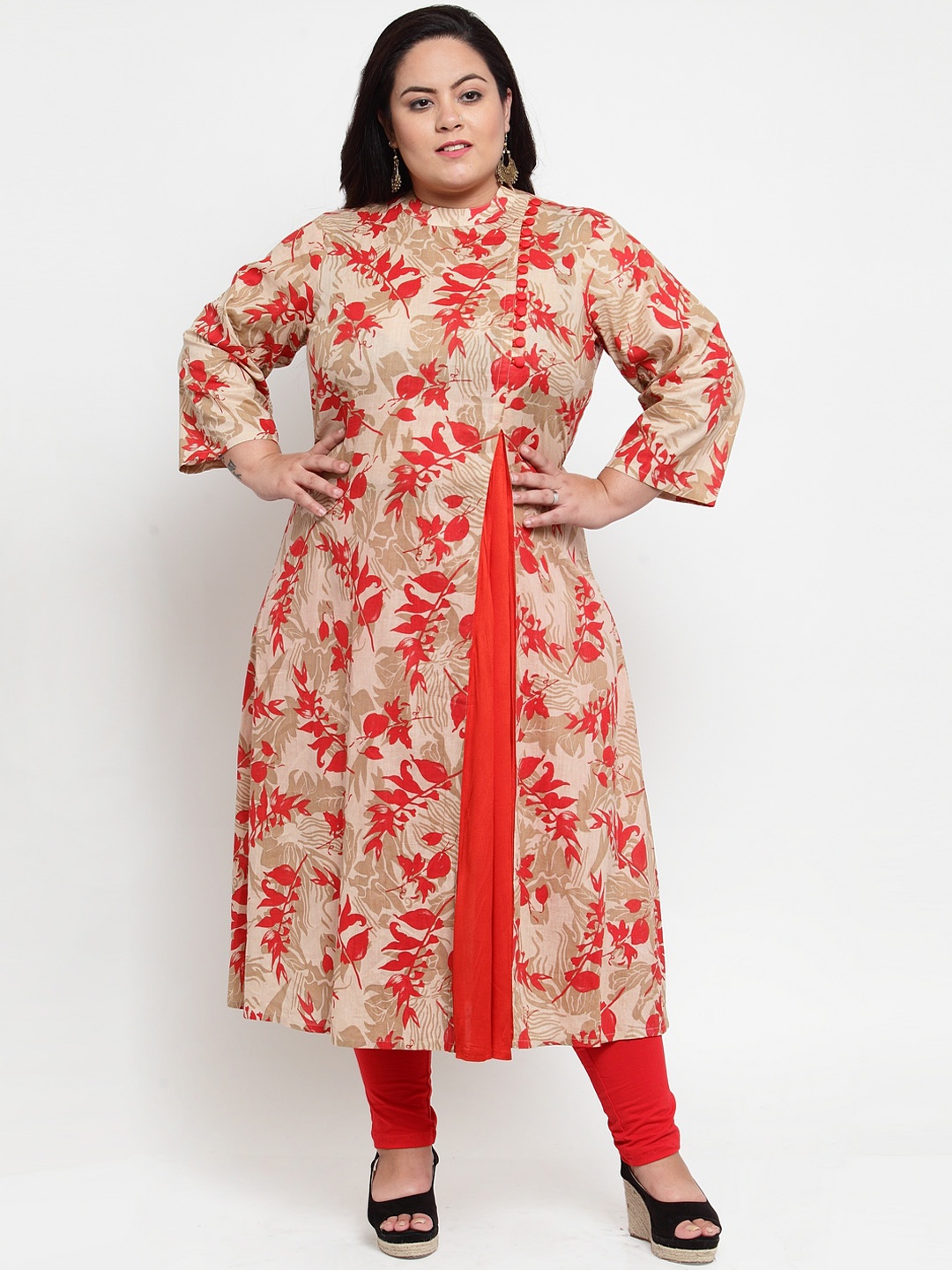 

plusS Women Beige & Red Floral Printed A-Line Kurta