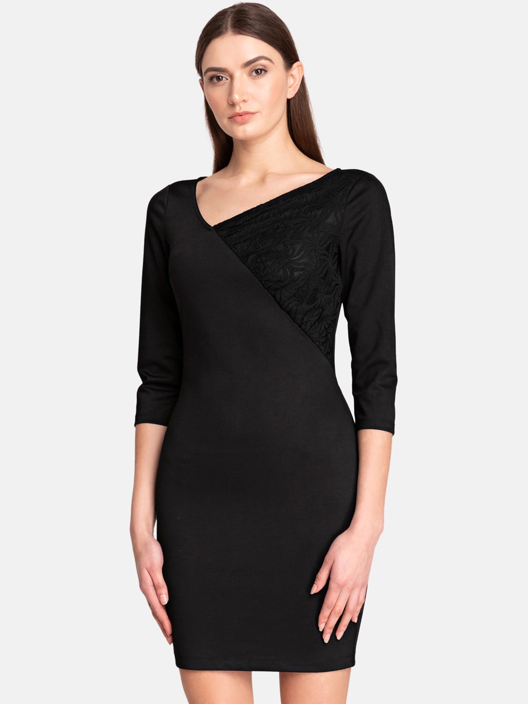 Kazo Women Black Solid Wrap Bodycon Dress