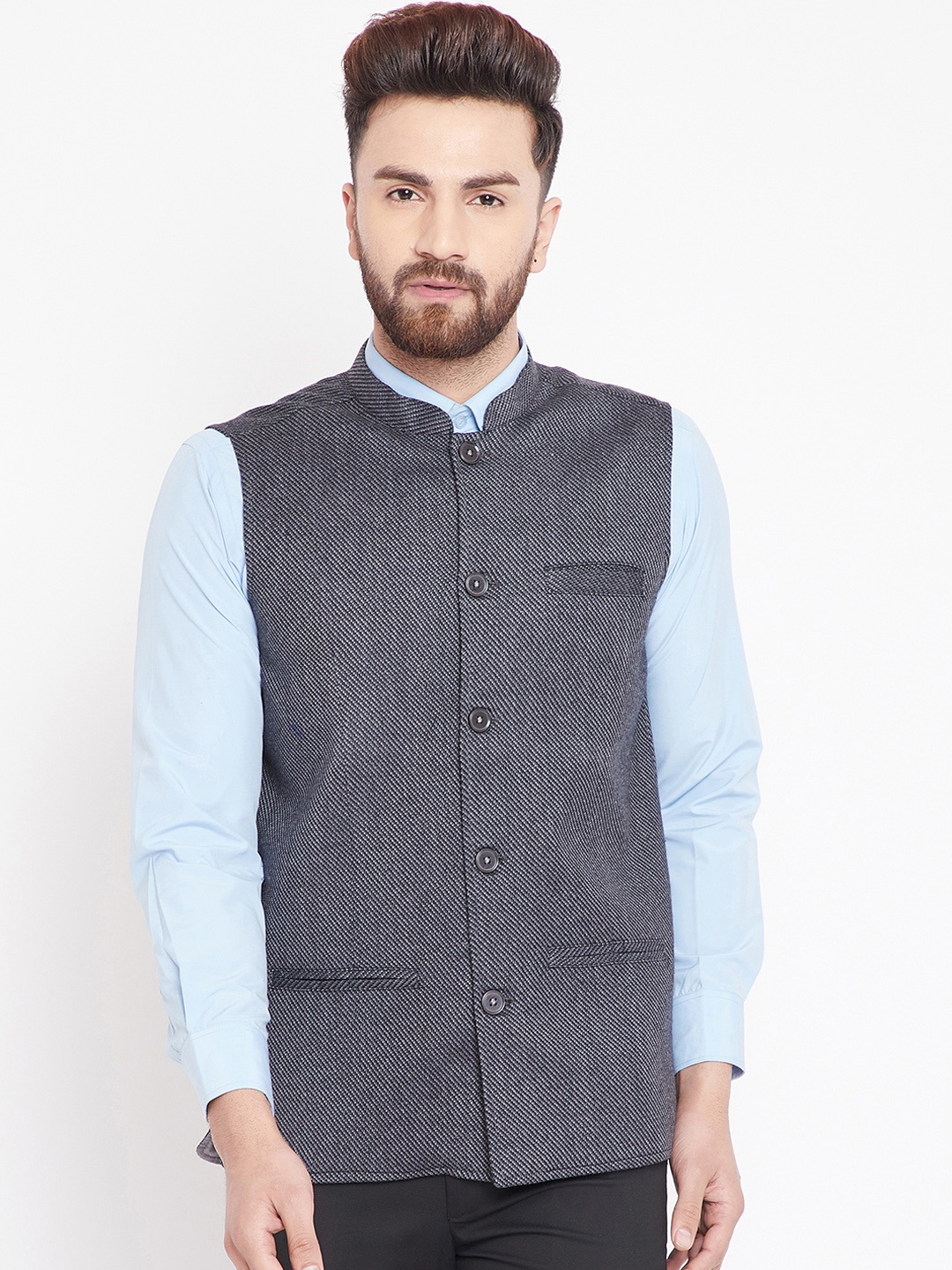 

even Men Grey Woven Design Nehru Jacket