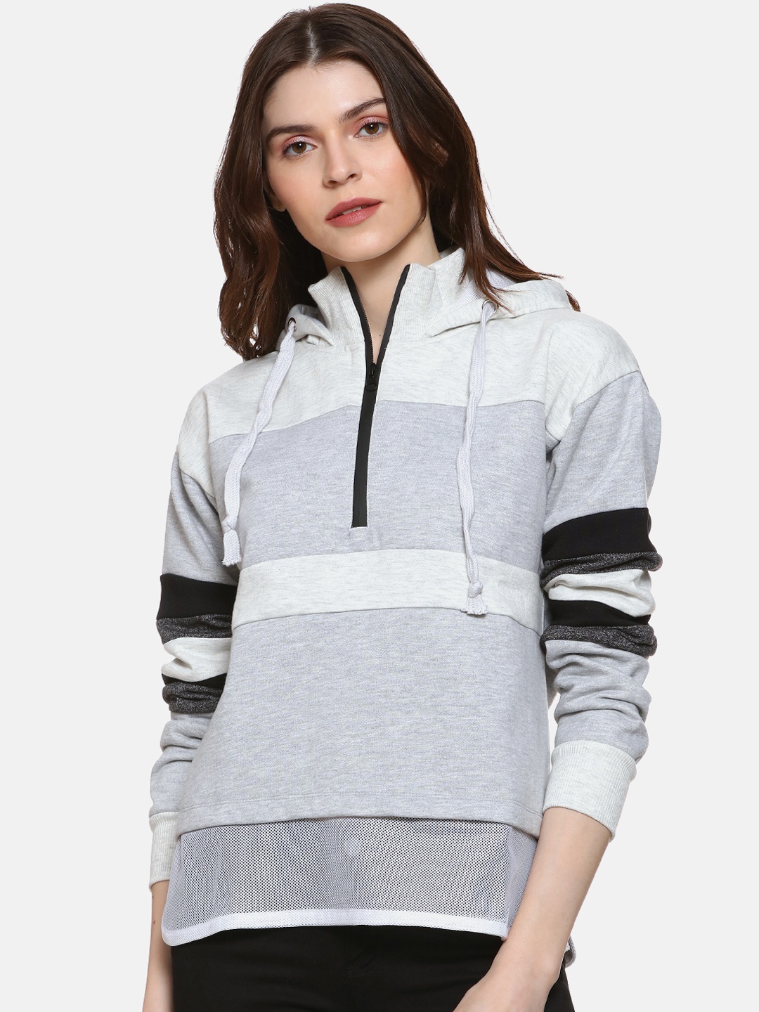 Campus Sutra Women Grey Colourblocked Hooded Sweatshirt