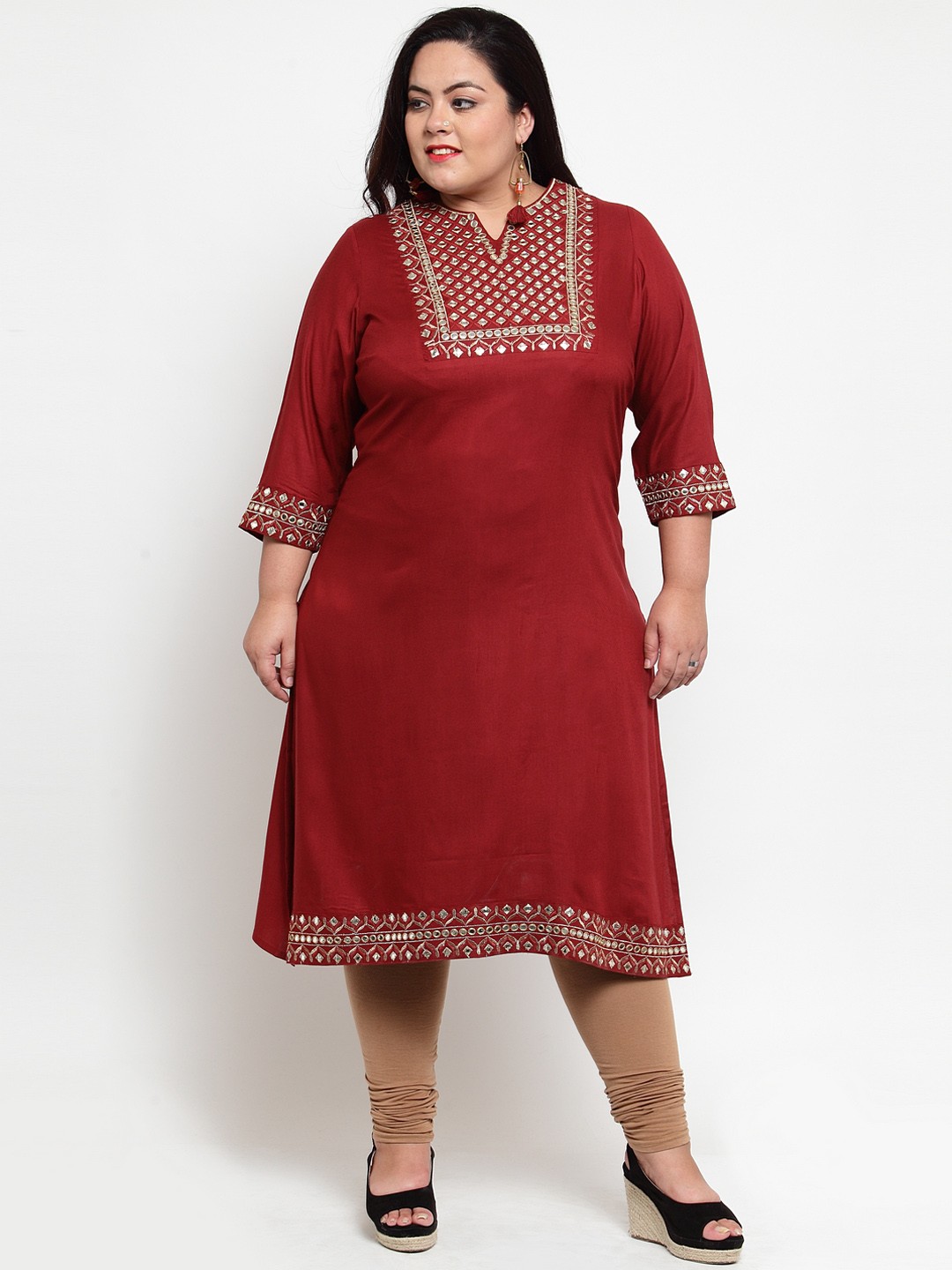 

plusS Women Maroon Yoke Design Straight Kurta