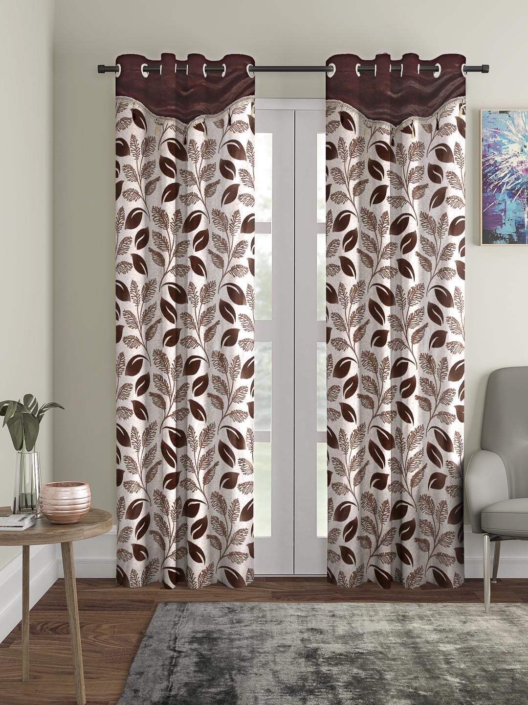 

Cortina Brown & Beige Set of 2 Fancy Valance Floral Printed Long Door Curtains