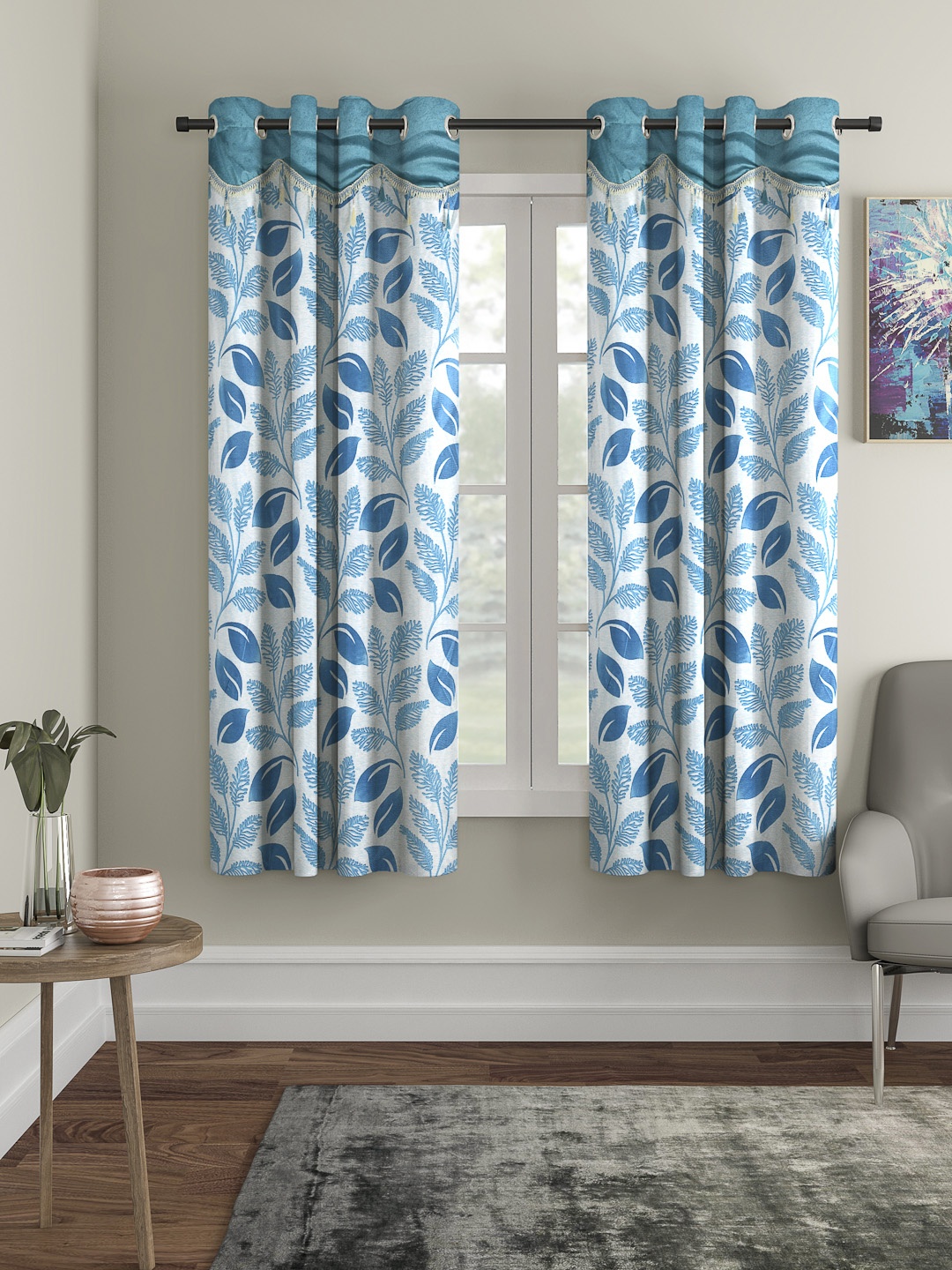 

Cortina Blue & White Set of 2 Fancy Valance Floral Printed Window Curtains