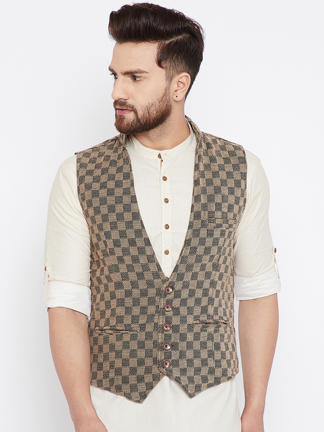 

even Men Beige & Grey Checked Woven Waistcoat